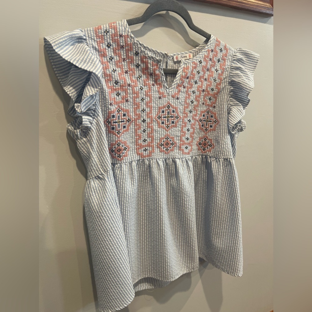 Blue White Stripe Colorful Embroidered V Neck Blouse Top